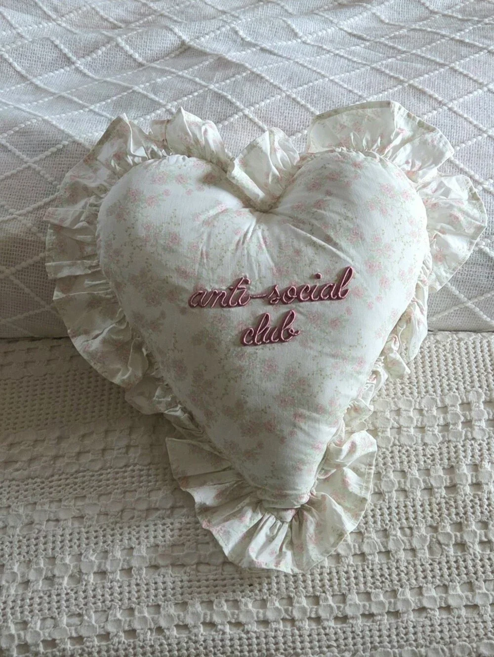 Stylehouse Anti Social Club Pink Floral Embroidered Ruffled Heart Pillow